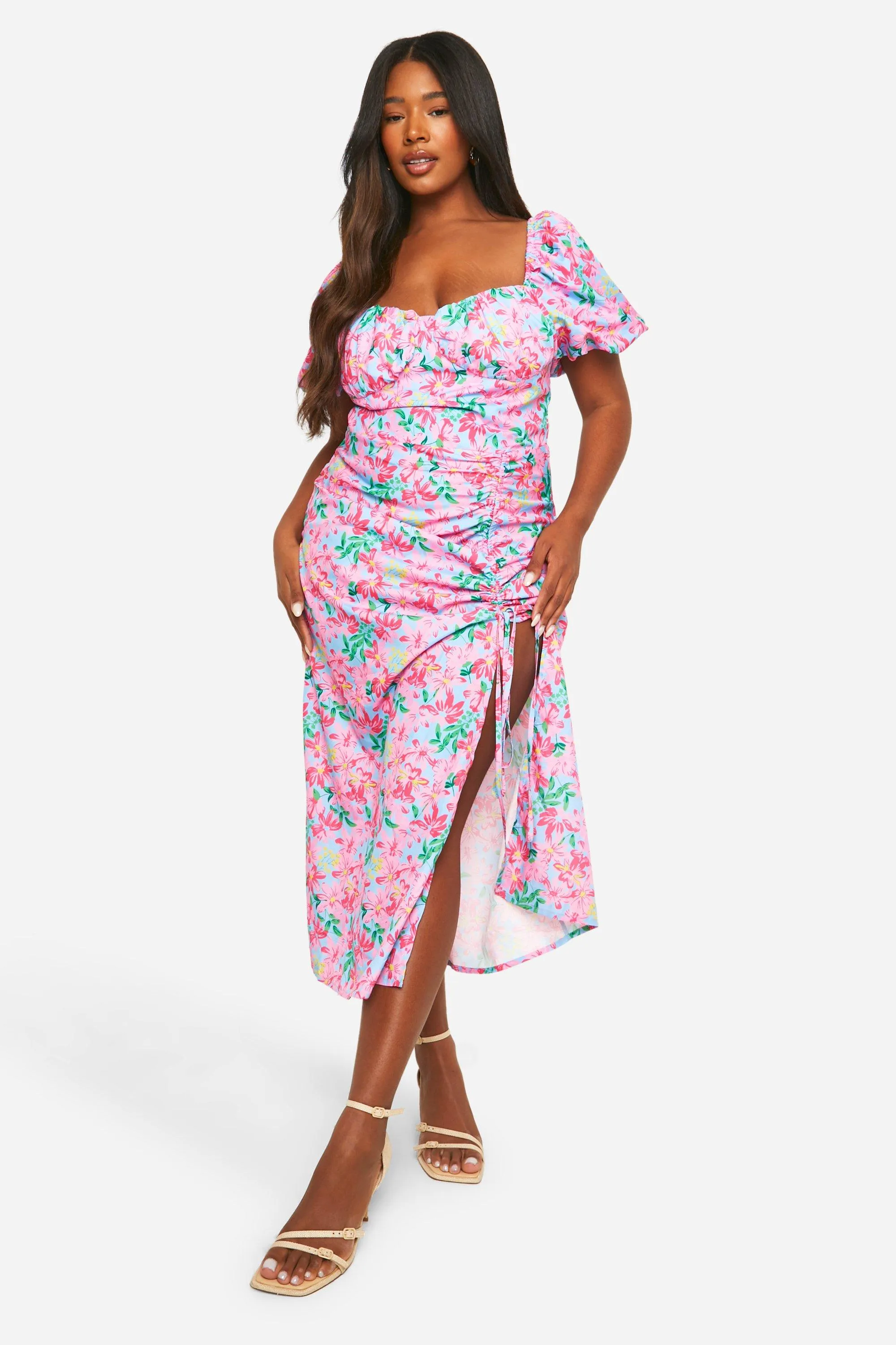 Grande taille - Robe mi-longue froncée à fleurs