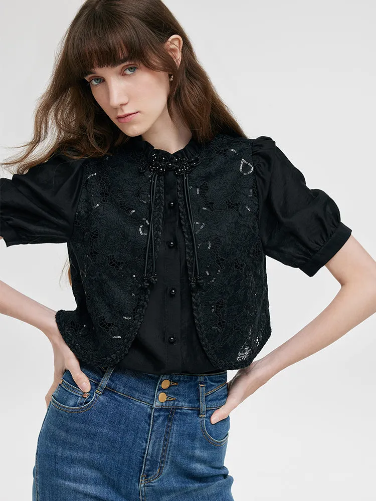 Nouveau Style chinois dentelle paillettes Patchwork femmes Blouse