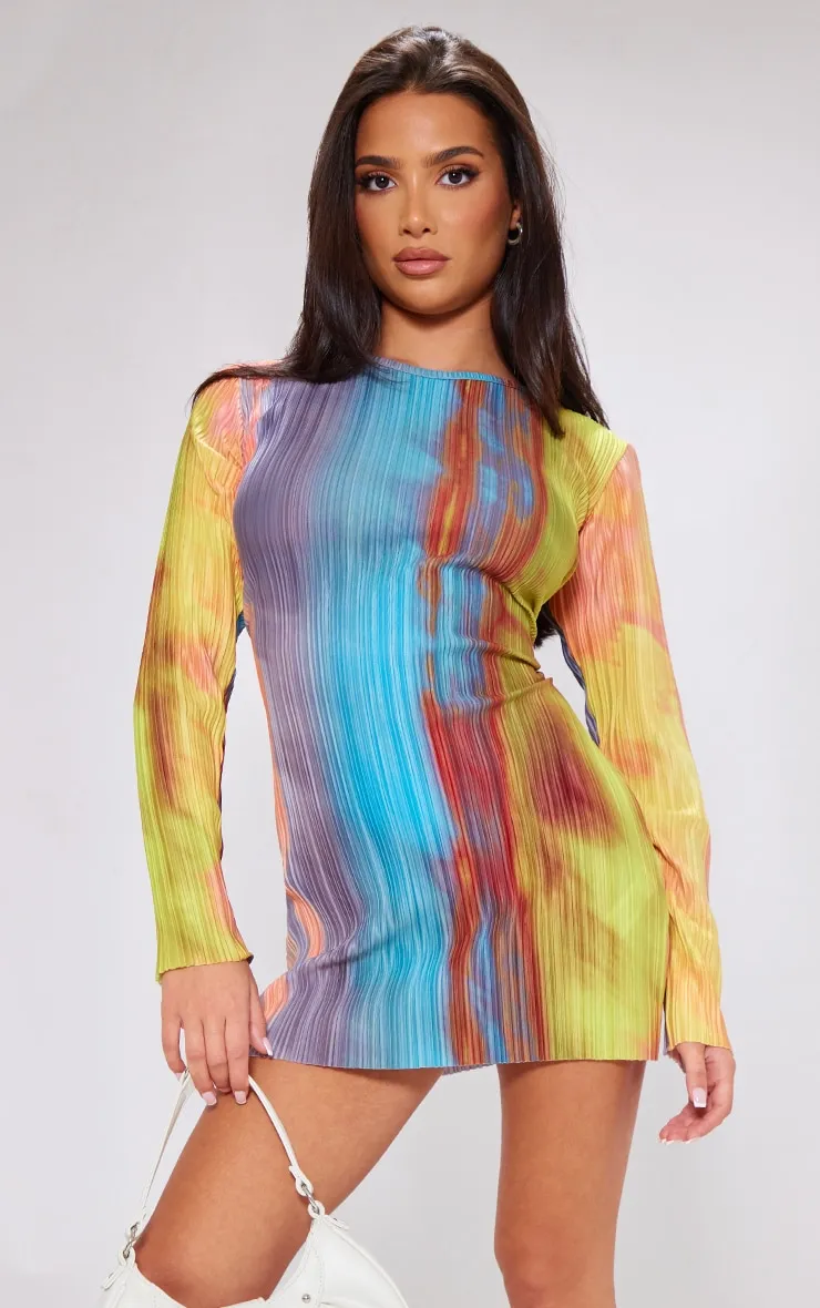 Petite Robe moulante multicolore à imprimé abstrait plissé