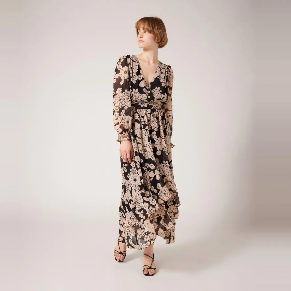 Robe longue imprimée cache-coeur noir | 3 Suisses