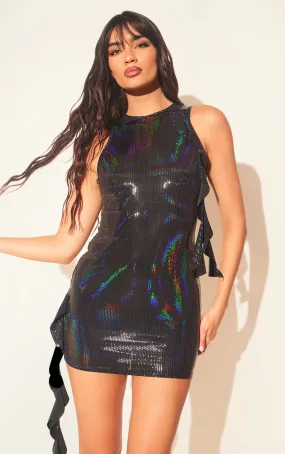 Robe moulante noire dos nageur à paillettes et détail drapé
