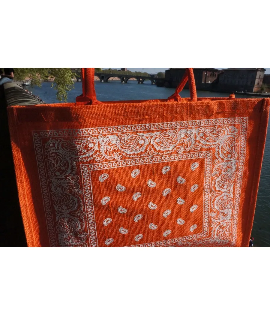 SANTAÏA cabas orange motif bandana blanc aspect jute idéal ville plage