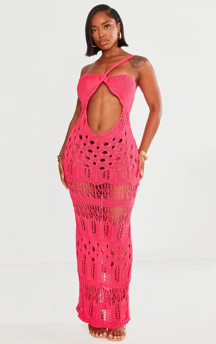 Shape Robe longue asymétrique en maille tricot rose vif à découpes