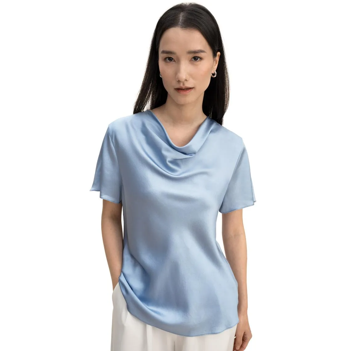 T-shirt en soie à manches courtes et col bénitier  Bleu Ciel | 3 Suisses